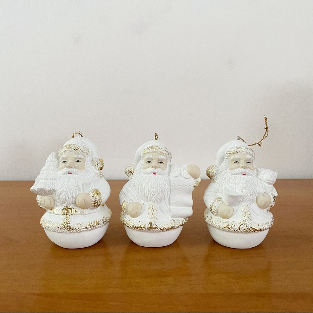 VTG Set of 3 Santa Clause Christmas Collection White Gold  Ornaments